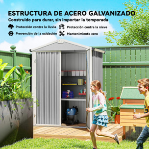 Caseta de Jardín Exterior 1,1 m², 133x87x178 cm, Cobertizo de Jardín Exterior Metálico con Puertas Correderas, Techo Inclinado y Guantes, para Almacenaje de Herramientas Bicicletas, Gris