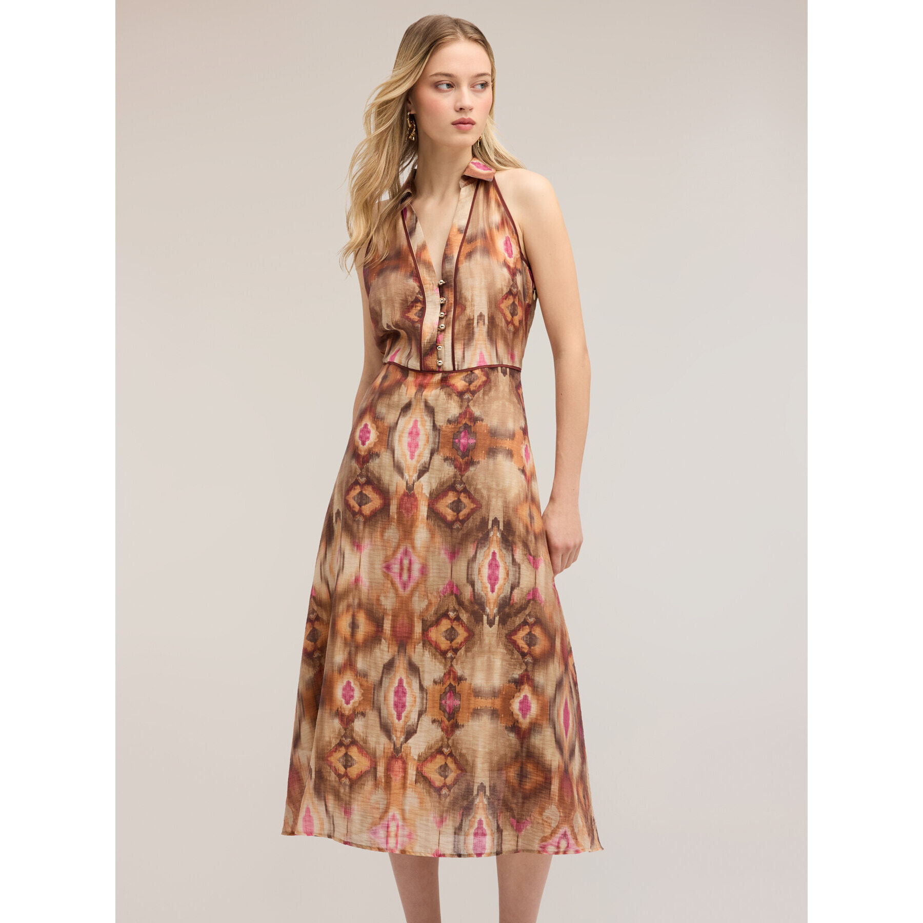 Motivi - Vestito chemisier in tela con stampa ikat - Marrone