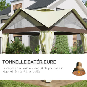 Pavillon de jardin style colonial - barnum double toit, 4 fenêtres, rideaux - dim. 3,5L x 3,5l x 3,33H m - métal noir polyester marron beige