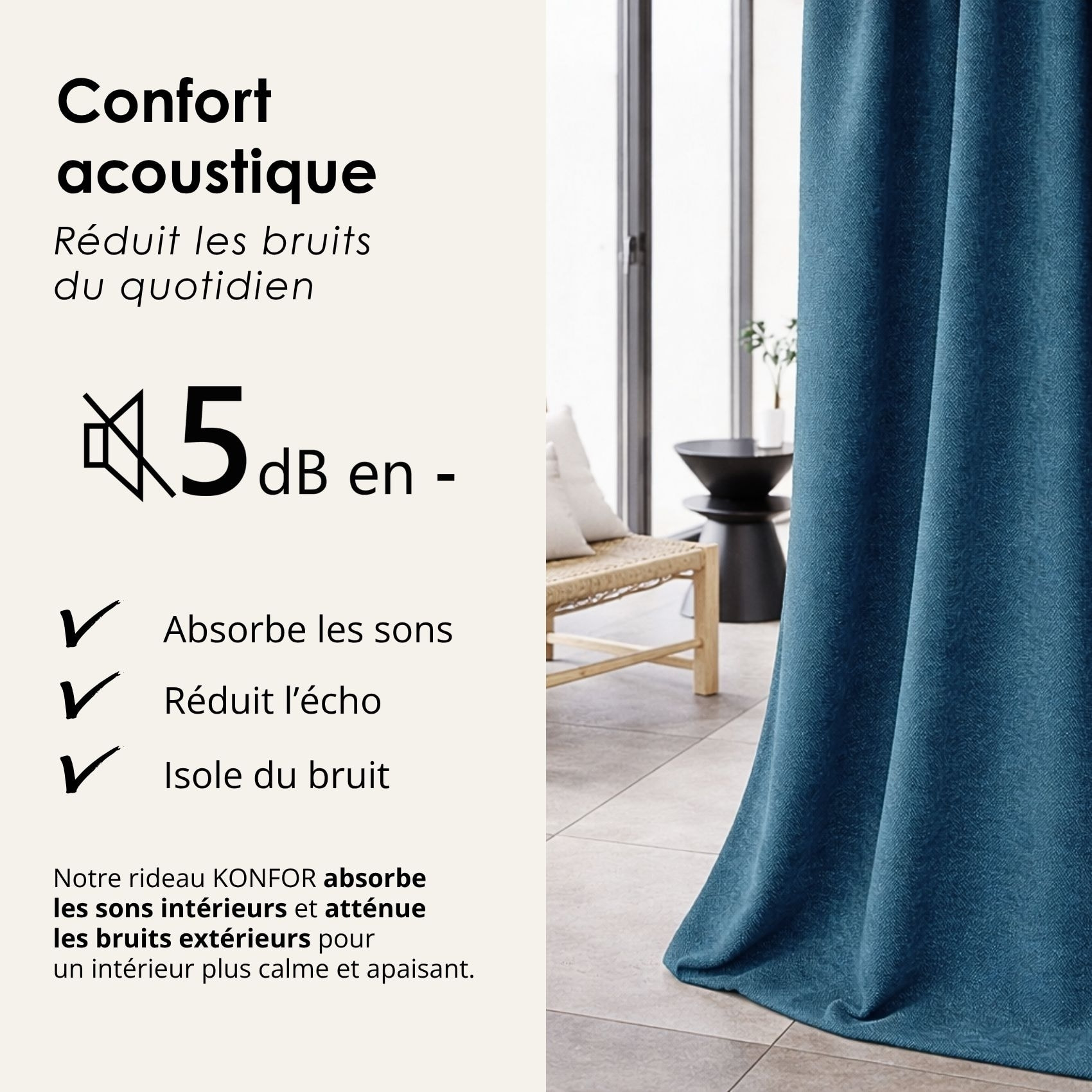 Rideau thermique phonique et semi occultant à galons fronceurs KONFOR - Bleu Paon
