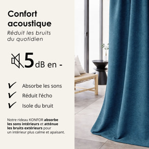 Rideau thermique phonique et semi occultant à galons fronceurs KONFOR - Bleu Paon