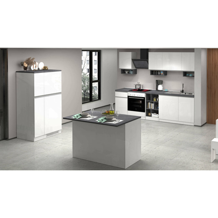 Cucina completa Balme, Set con dispensa, Mobile per cucinotto, Kit blocco con isola e portafrigo, 100% Made in Italy, Bianco lucido e Ardesia