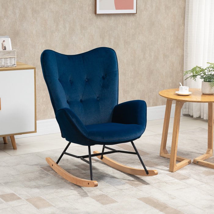 Fauteuil à bascule oreilles rocking chair grand confort accoudoirs assise dossier garnissage mousse haute densité aspect velours bleu