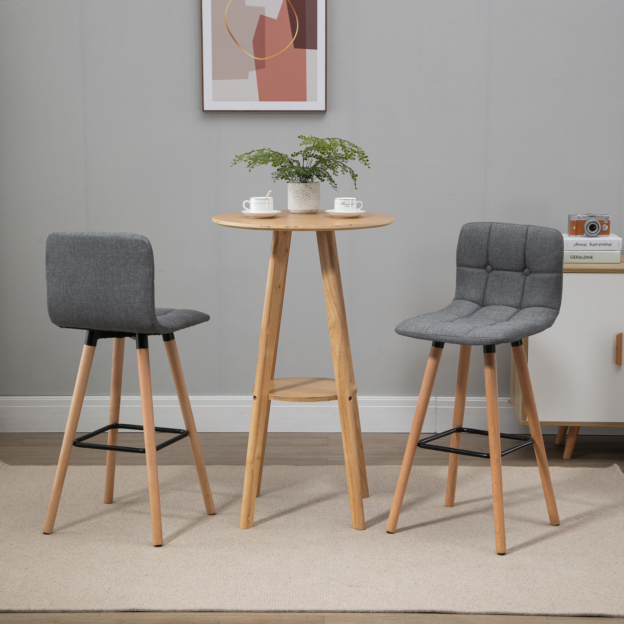 Lot de 2 tabourets de bar style scandinave effet capitonné - chaises de bar - bois effet lin gris