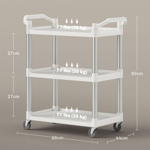 Carrito Auxiliar con Ruedas de Aleación de Aluminio Carrito de Cocina de 3 Niveles Carrito de Almacenamiento Carga 105 kg para Comedor Sala Baño 88x44x93 cm Blanco