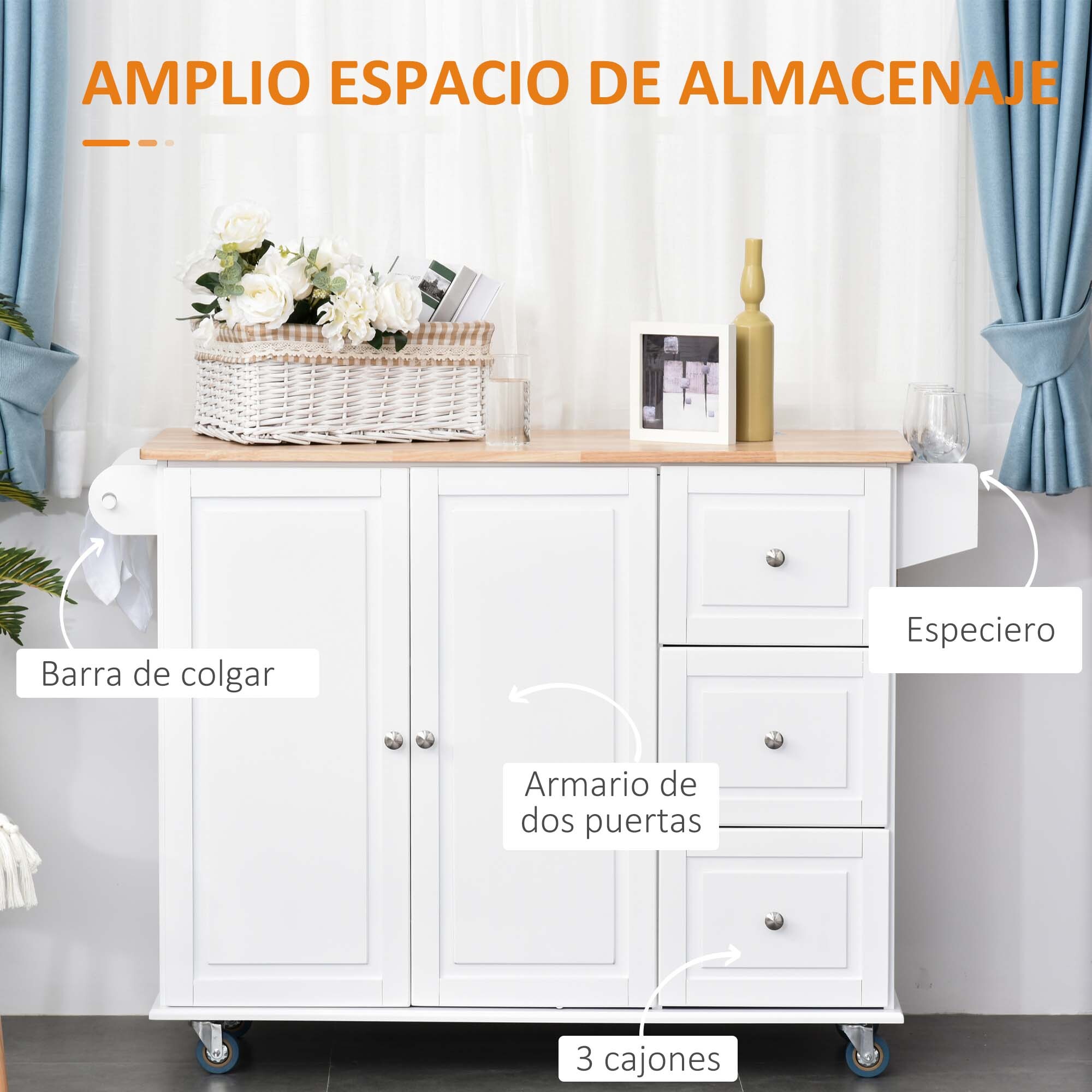 Carro de Cocina con Ruedas Carrito de Servicio con Encimera Extendida 3 Cajones 1 Armario con Estante Ajustable Interior Barra de Colgar y Especiero 128,8x75,5x92,5 cm Blanco