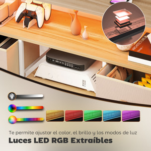 Mueble de TV con Luz LED, Mueble de TV para Salón con Enchufes, Puertos USB, Estantes Abiertos, 4 Cajones de Tela Plegables y Bolsillo, para Televisión hasta 50 Pulgadas, Beige y Natural