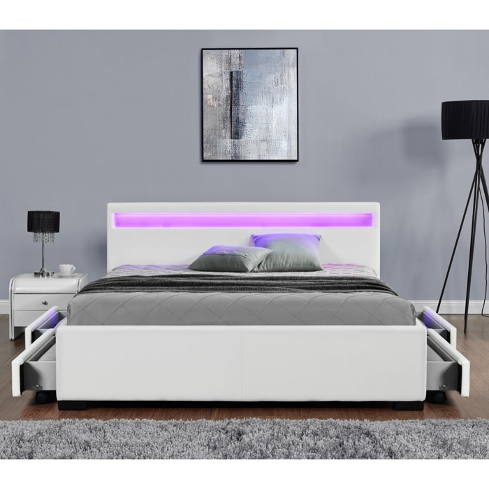 Structure de lit LED avec rangements 160 x 200 cm blanc NEXUS