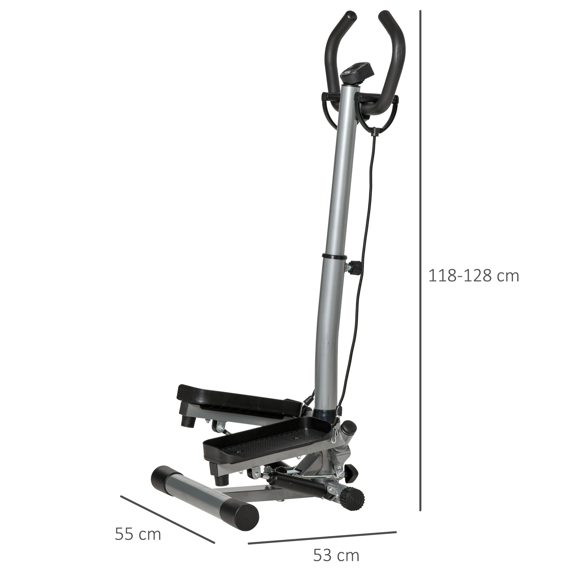 Máquina de Step Stepper Fitness con Manillar Altura Ajustable Pantalla LCD Cintas y Pedales Antideslizantes Equipo de Ejercicio para Gimnasio en Casa 55x53x118-128 cm Plata