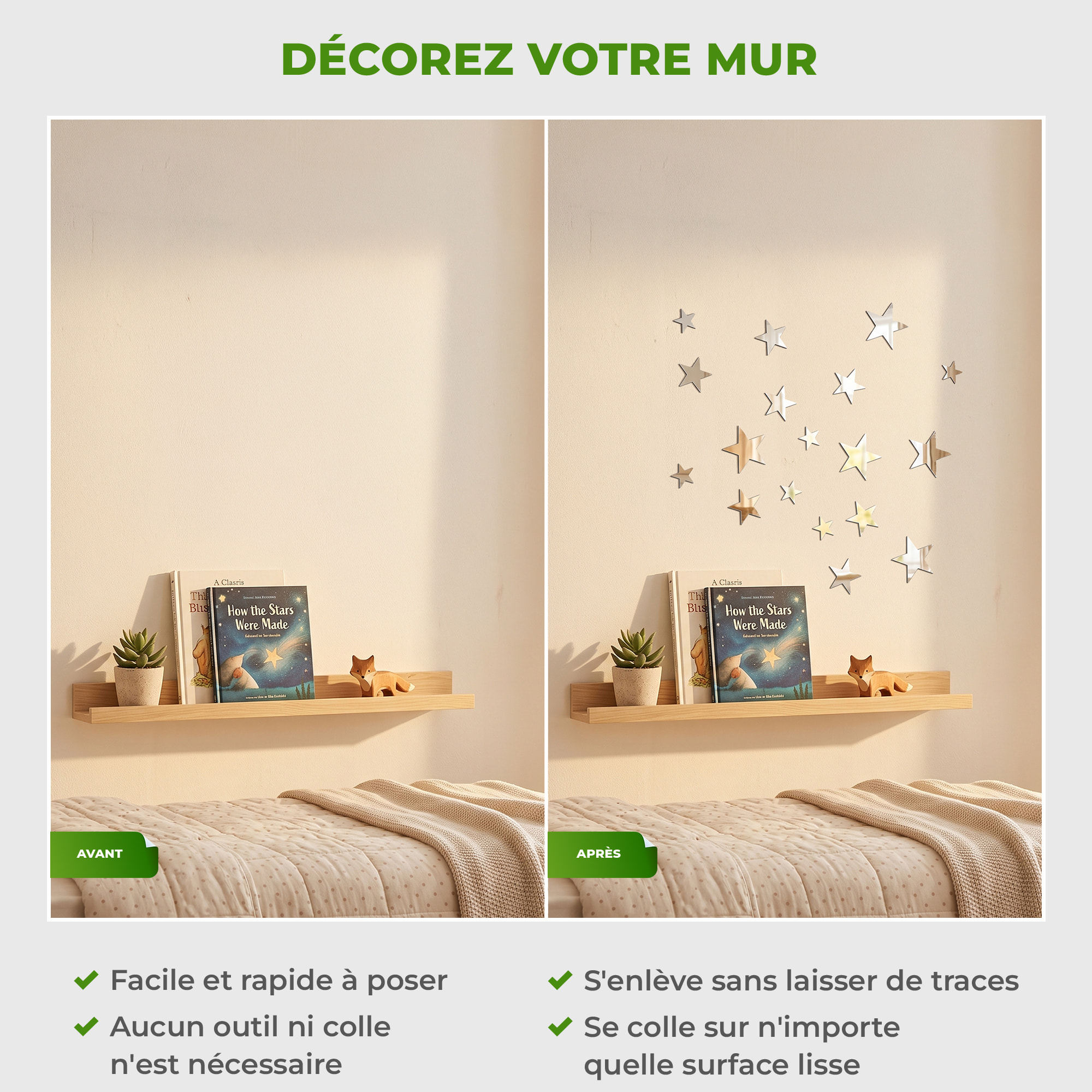 Pack de 19 stickers mirroirs étoiles 10 x 10 cm