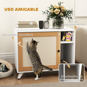 Mueble Arenero para Gatos Caja de Arena para Gatos con Puerta con Almohadilla para Rascar y Compartimento Arenero para Gatos para Salón Dormitorio 77x50x63 cm Blanco