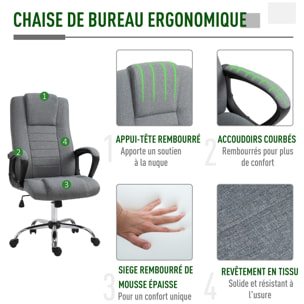 HOMCOM Fauteuil de bureau à roulettes chaise manager ergonomique pivotante hauteur réglable lin gris foncé