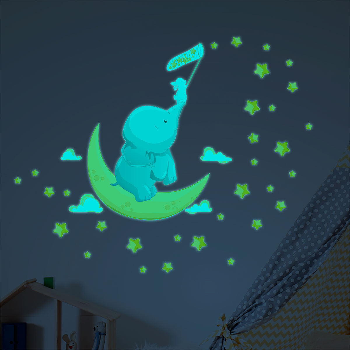 Sticker phosphorescent lumineux - ÉLÉPHANT ET LAPIN ATTRAPENT LES ÉTOILES + 110 ÉTOILES