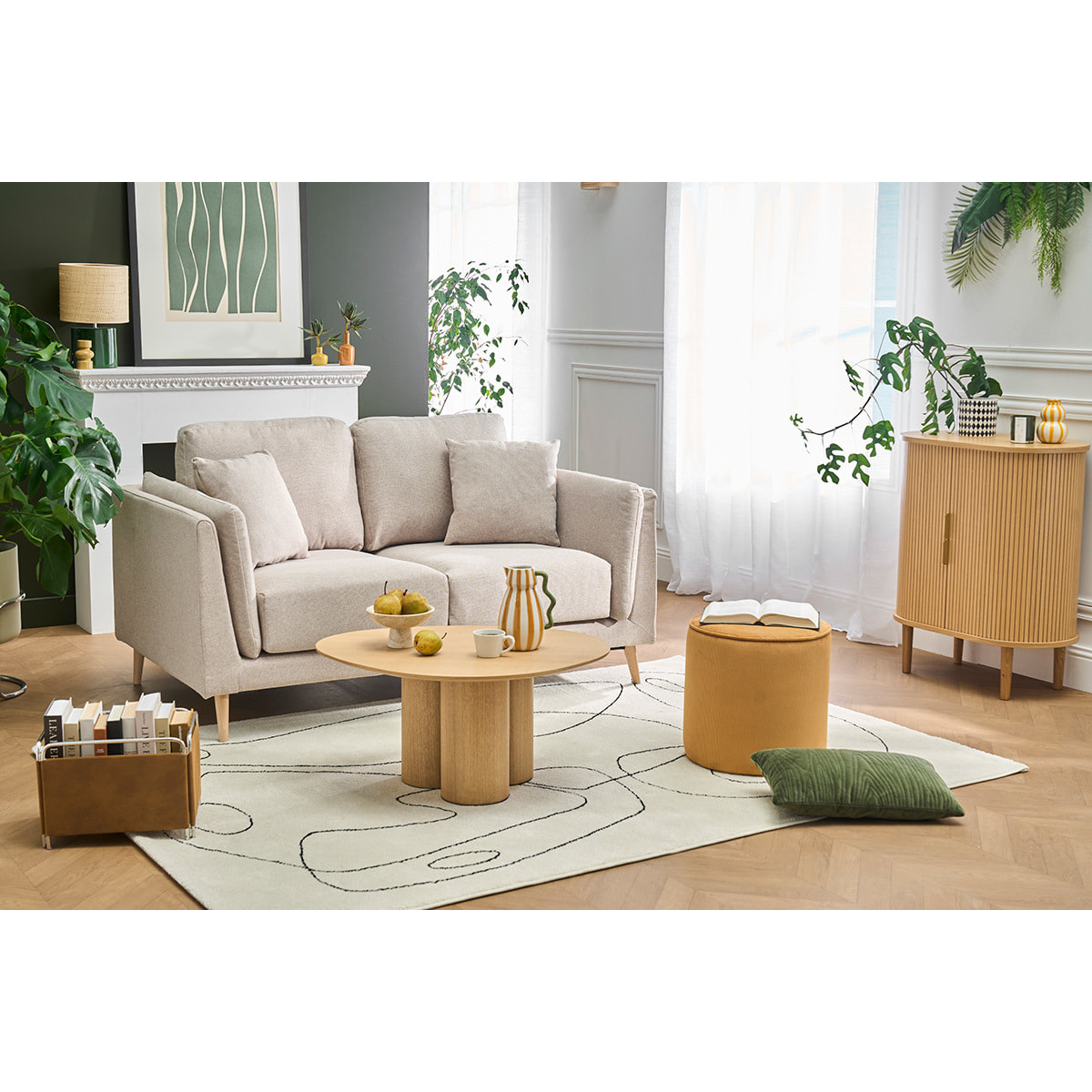 Canapé scandinave 2 places en tissu beige naturel et bois clair VOGUE
