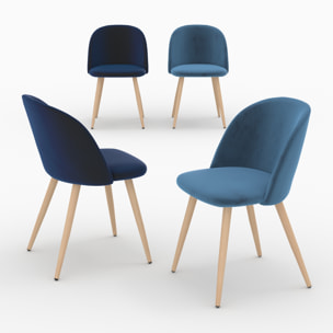 Pack 4 chaises Cosy en velours bleu foncé et bleu