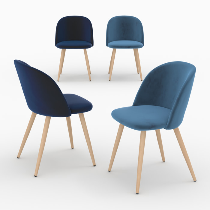 Pack 4 chaises Cosy en velours bleu foncé et bleu