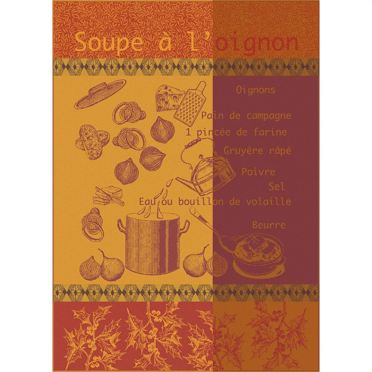 Torchon pur coton motif jacquard bordeaux orange Soupe a l'oignon rouille