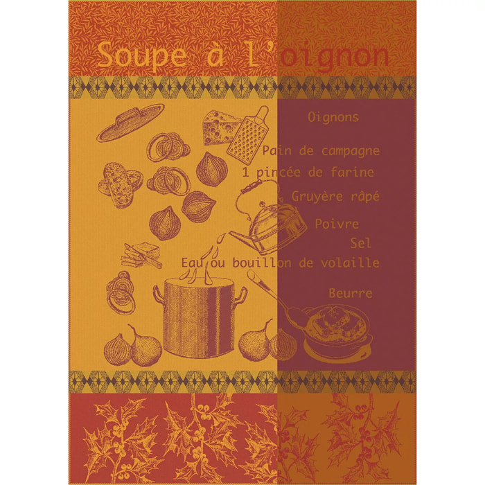 Torchon pur coton motif jacquard bordeaux orange Soupe a l'oignon rouille