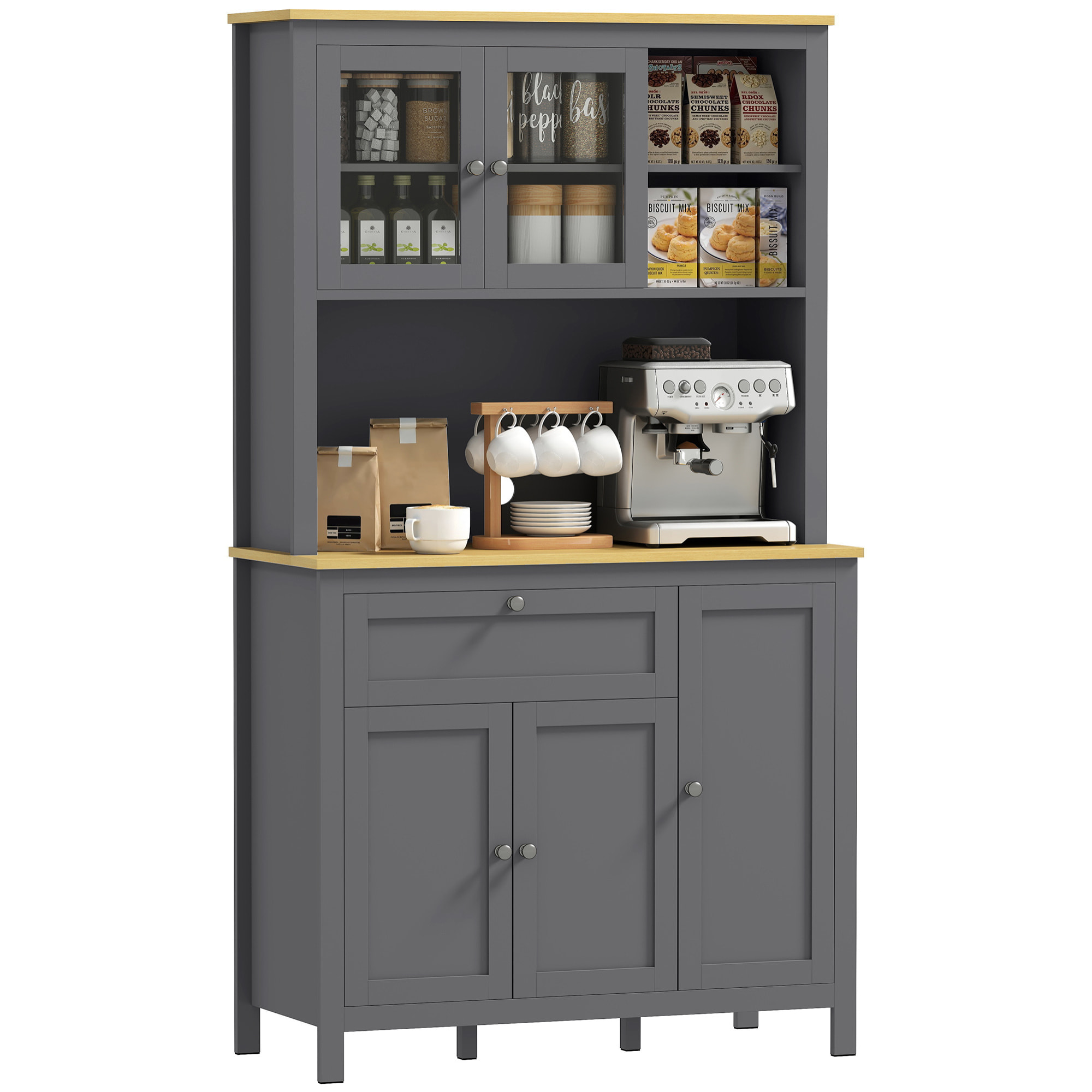 Alacena de Cocina Alta, Mueble Auxiliar de Cocina, con 5 Puertas, Estante Ajustable, Cajón, Encimera Abierta de Microondas, Orificio para Cable, 100x40x180 cm, Gris