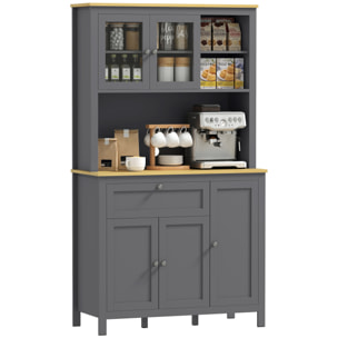 Alacena de Cocina Alta, Mueble Auxiliar de Cocina, con 5 Puertas, Estante Ajustable, Cajón, Encimera Abierta de Microondas, Orificio para Cable, 100x40x180 cm, Gris