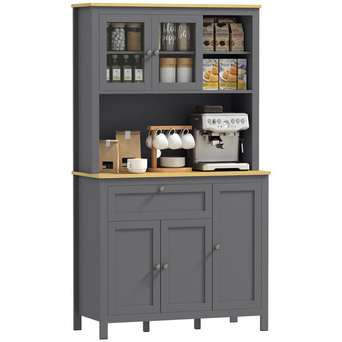 Alacena de Cocina Alta, Mueble Auxiliar de Cocina, con 5 Puertas, Estante Ajustable, Cajón, Encimera Abierta de Microondas, Orificio para Cable, 100x40x180 cm, Gris