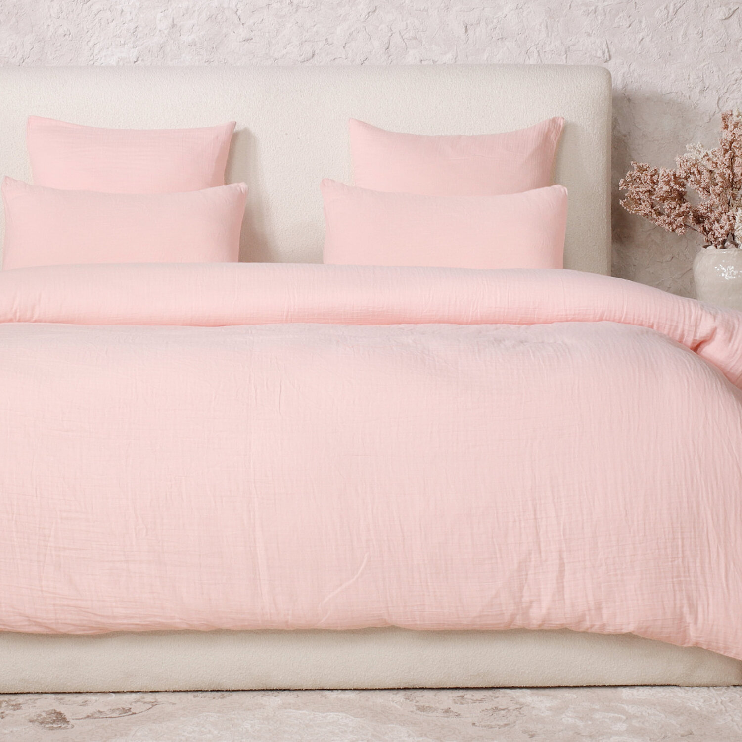 Parure Housse De Couette Uni 100% Gaze de Coton - Ava - Rose Lotus