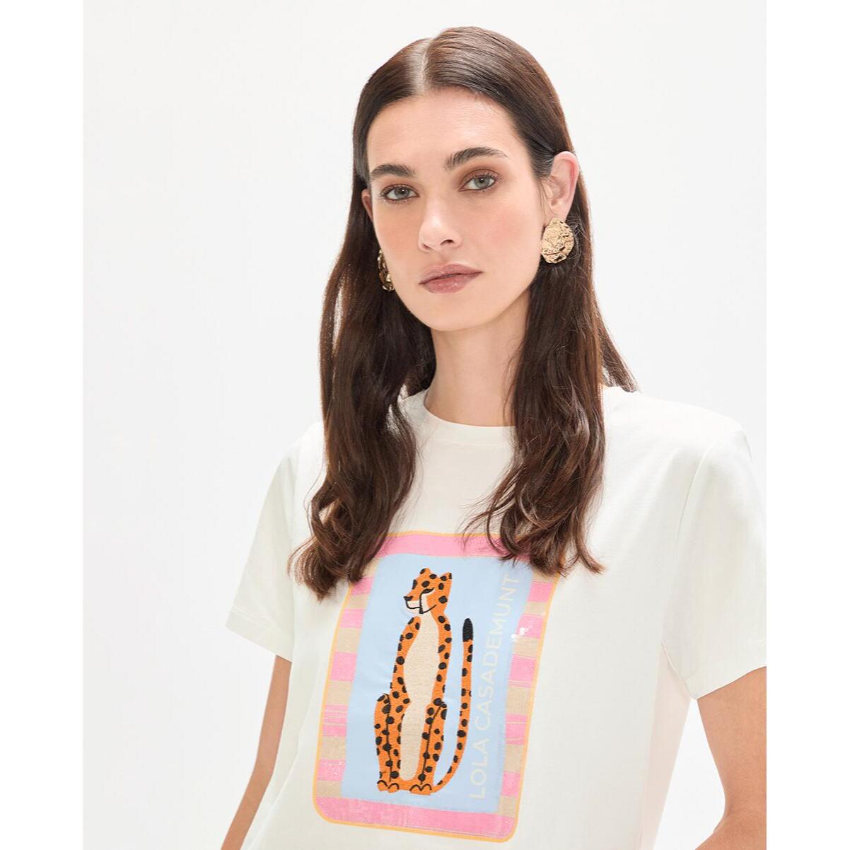 T-shirt con ricamo di animali e paillettes trasparenti