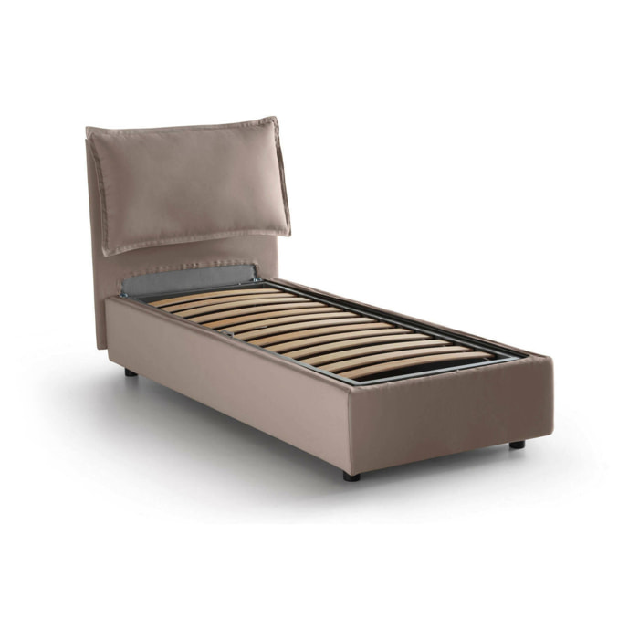 Letto singolo Azzurrino, Letto contenitore con rivestimento in tessuto, 100% Made in Italy, Apertura frontale, adatto per materasso Cm 80x200, Tortora