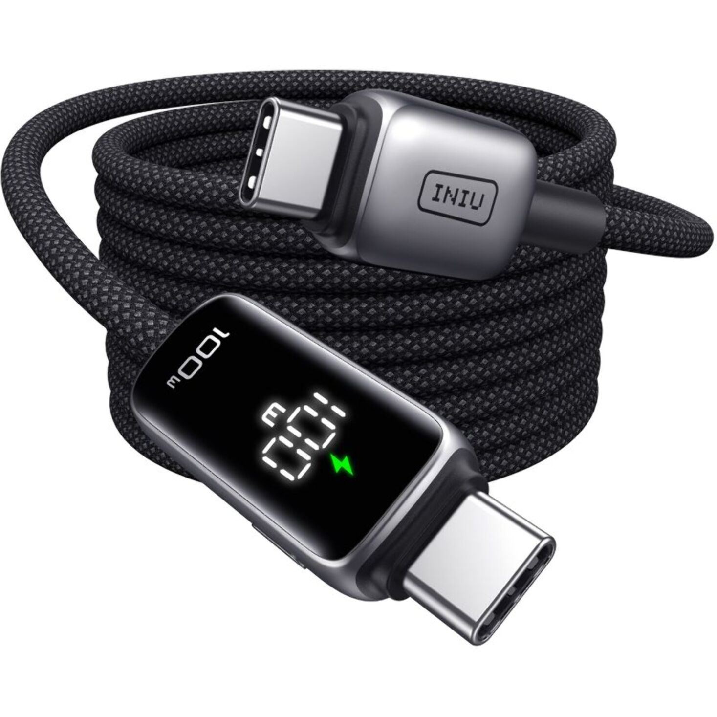 Câble de charge INIU vers USB-C 100W affichage digital noir