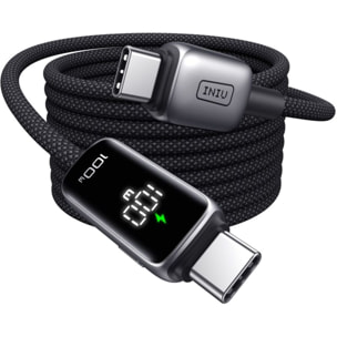 Câble de charge INIU vers USB-C 100W affichage digital noir