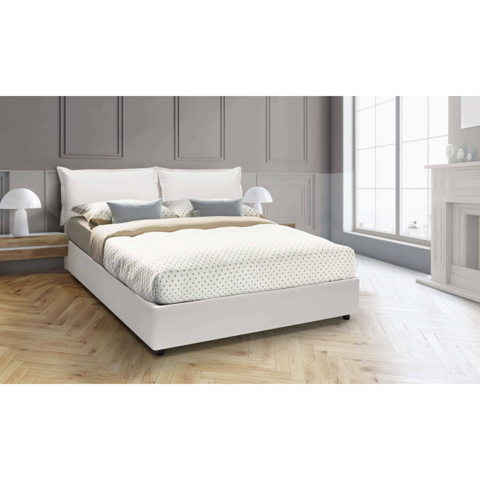 Letto alla francese Amelh, Letto contenitore con rivestimento in ecopelle, adatto per materasso Cm 140x190, 100% Made in Italy, Bianco