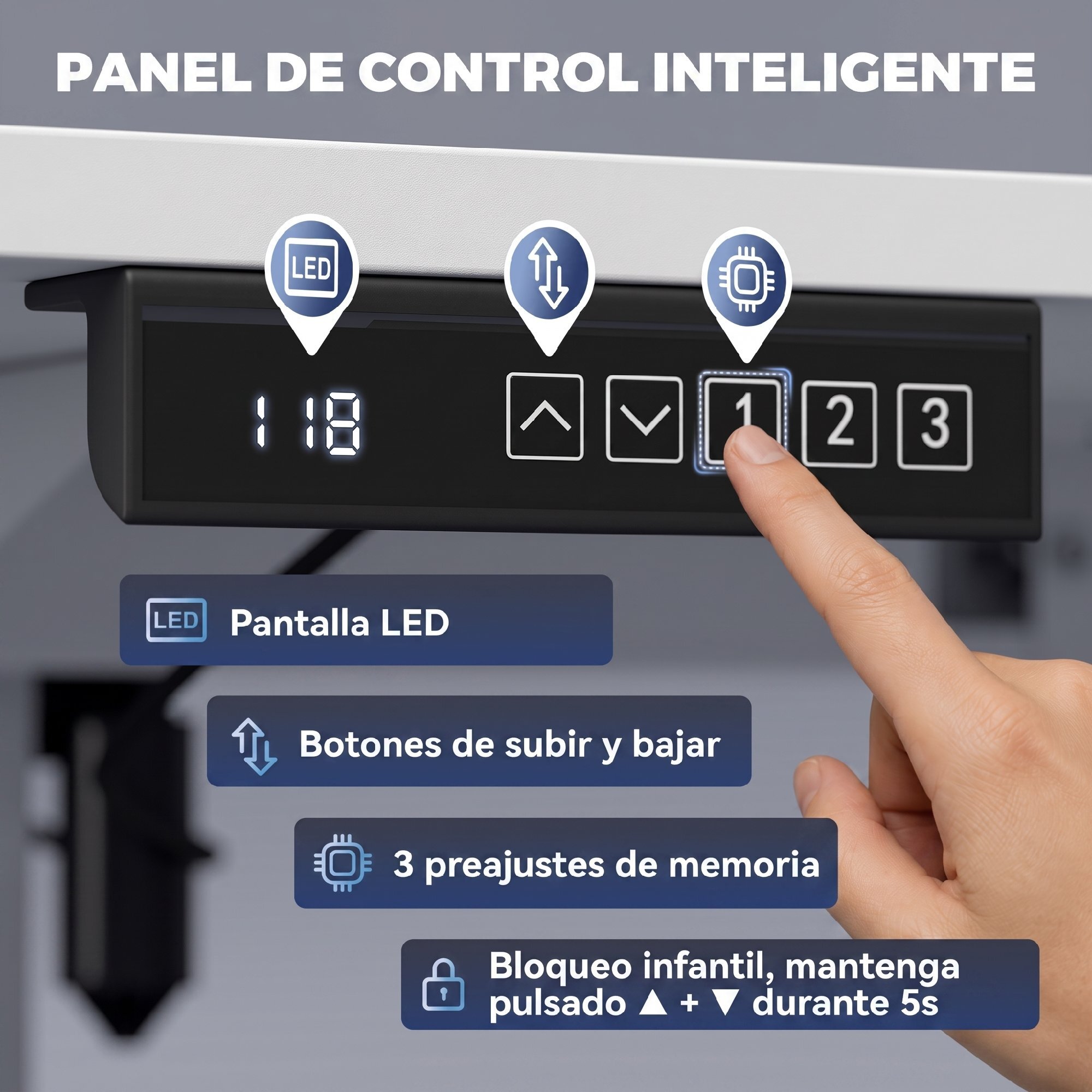 HOMCOM Escritorio Elevable 140x60 cm, Escritorio Eléctrico Regulable en Altura con 3 Alturas de Memoria, Pantalla LED, 2 Ganchos, 2 Pasacables, para Oficina en Casa, Estudio, Blanco