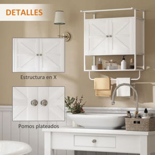 Armario de Pared para Baño Multiusos Mueble de Baño Suspendido Armario Colgante de Almacenamiento con 2 Puertas Estante Toallero 63x34x75 cm Blanco