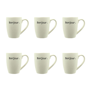 Lot de 6 mugs 38cl en grès blanc à message BONJOUR