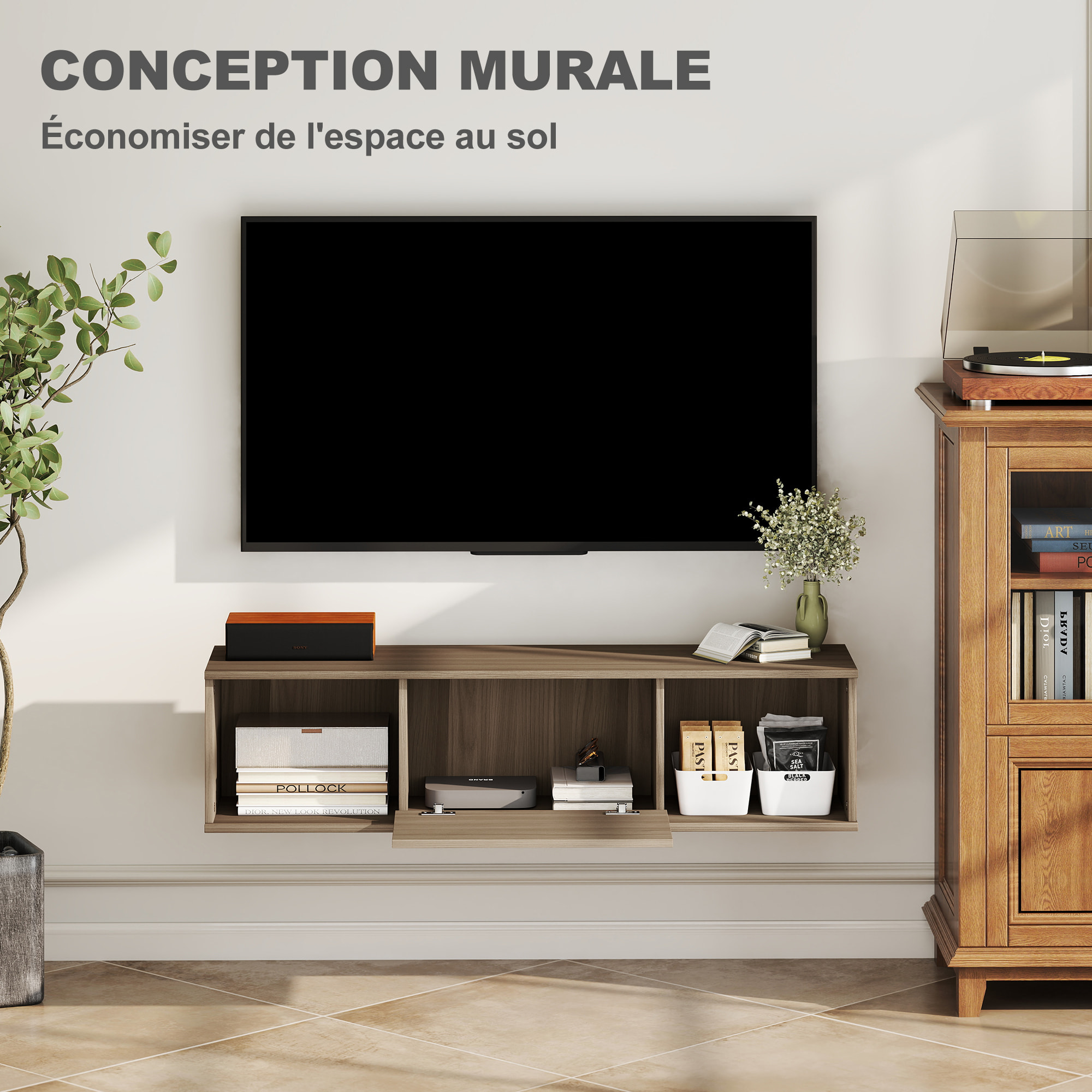 Meuble TV flottant suspendu - 2 niches, porte battante - effet bois noisetier brun gris