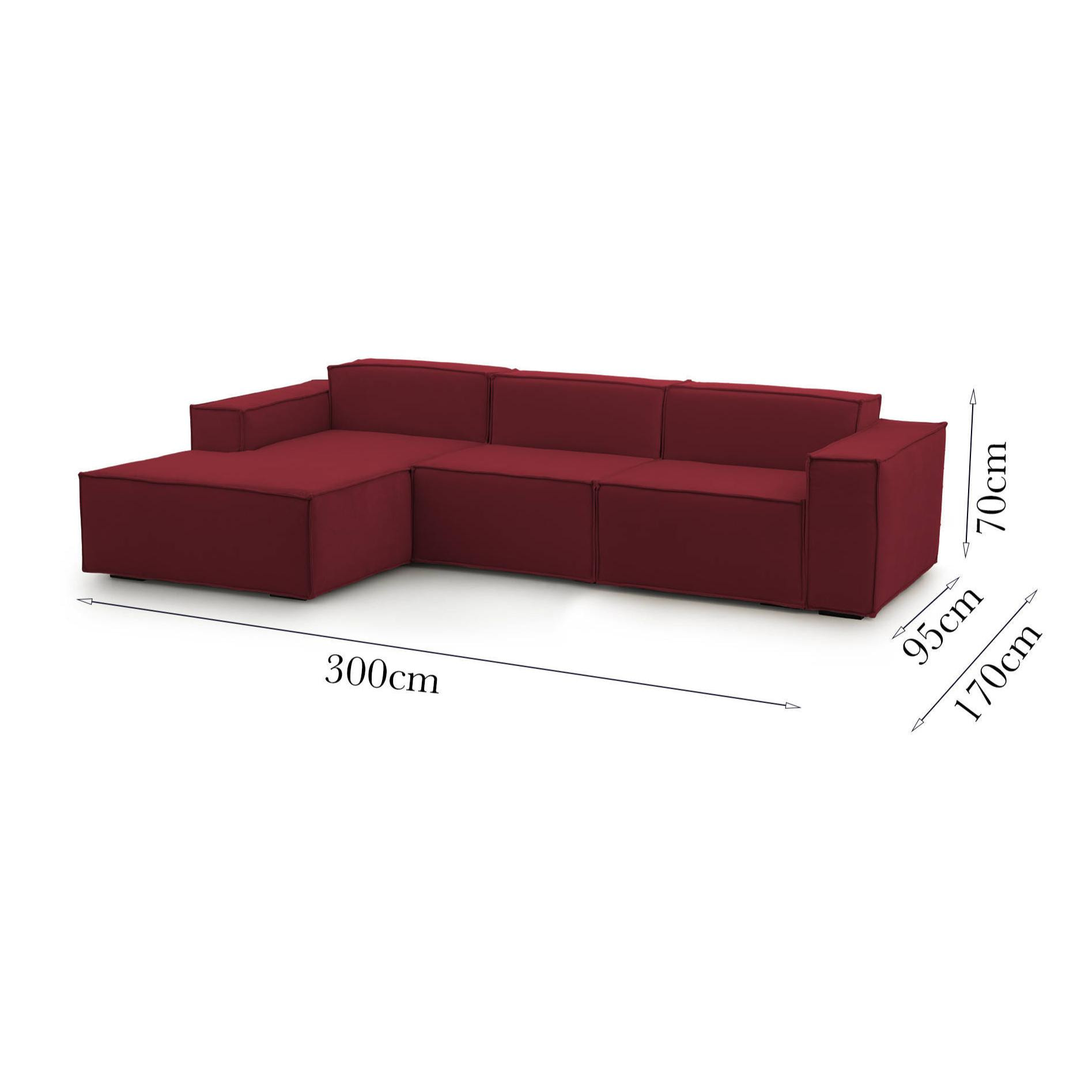 Divano fisso Jessica, Divano componibile a 3 posti con penisola sinistra, 100% Made in Italy, Sofà moderno in tessuto, Cm 300x170h70, Rosso