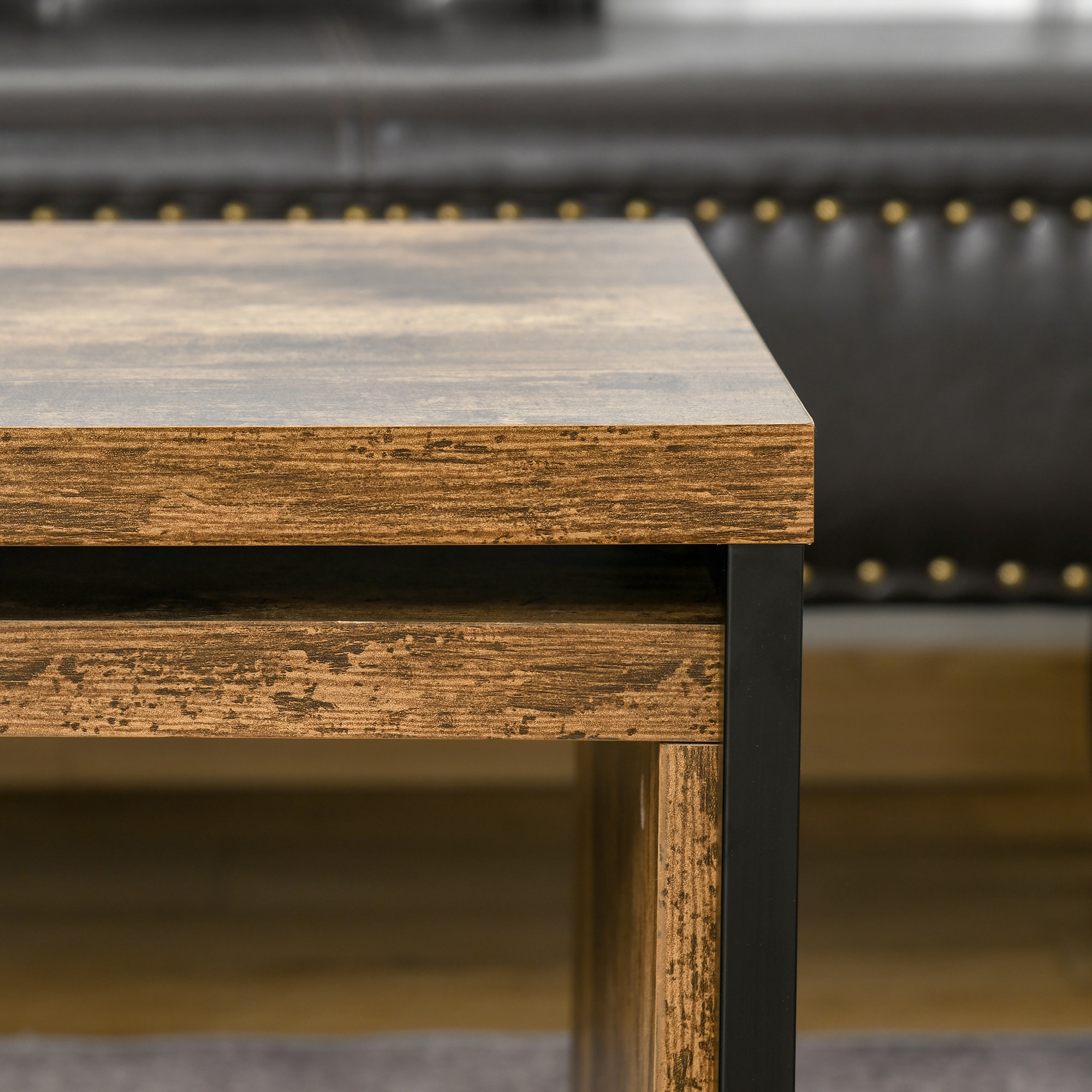 Lot de 2 tables basses gigognes design industriel encastrable dim. grande table 90L x 48l x 42H cm métal noir aspect vieux bois