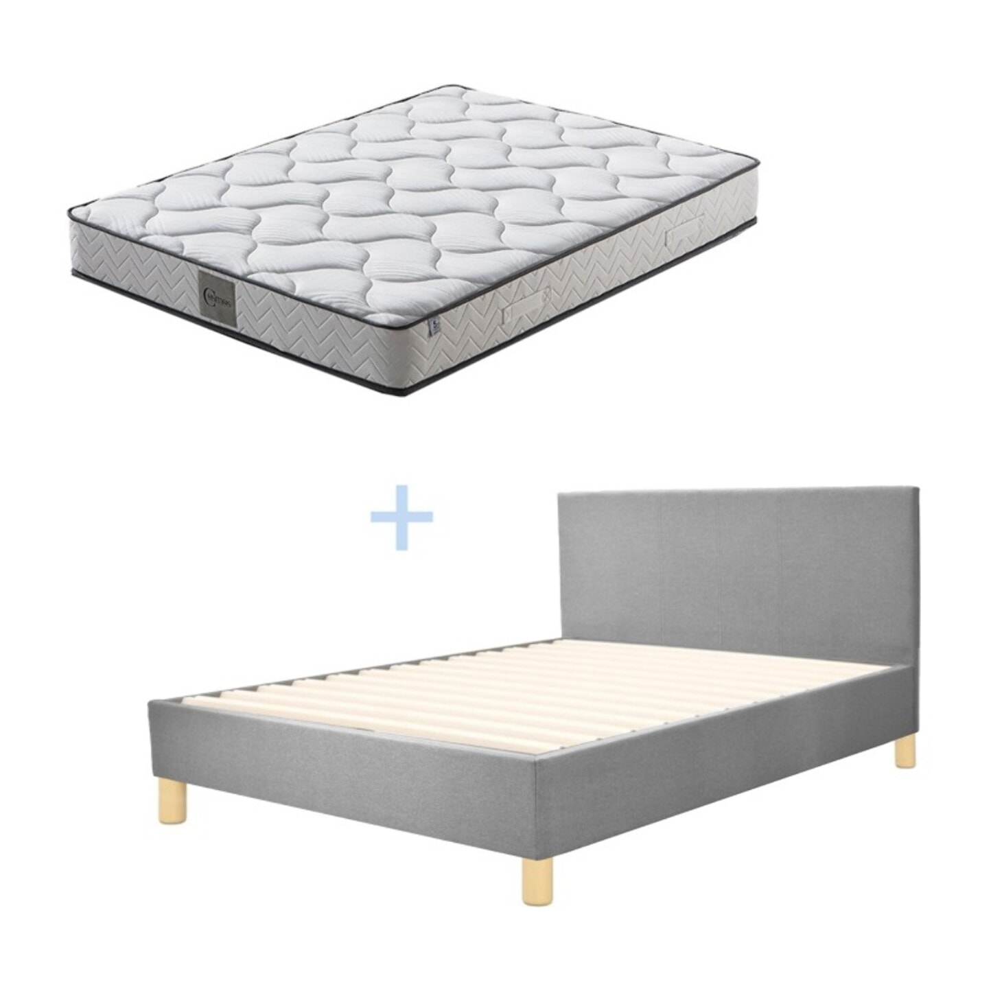 Ensemble Lit avec tête de lit & matelas | Mémoire de forme et ressorts ensachés | Cadre à lattes | Tissu | Gris clair