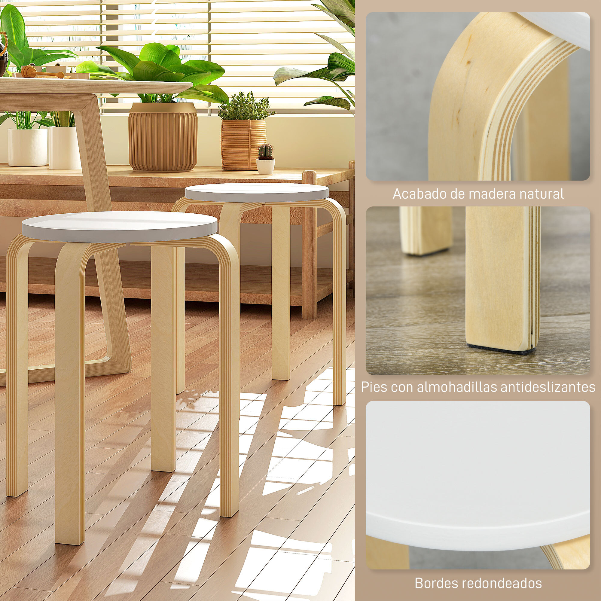 Taburetes Apilables Juego de 4 Taburetes Multiusos Taburetes de Madera Redondos Carga 120 kg para Salón Oficina Dormitorio Estudio Ø40x45 cm Natural y Blanco