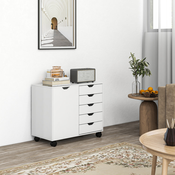 Cajonera de Escritorio con 5 Cajones, Cajonera de Oficina con Ruedas, Estante Ajustable, Soporte para Impresora para Estudio, Salón, 78x40x66,5 cm, Blanco