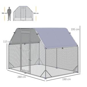 Gallinero para Exterior, 2,8x1,9x1,95 m, Gallinero de Acero Galvanizado, Cubierta de Tela Oxford, Anti-UV e Impermeable, Jaula para 4-6 Gallinas y Conejos, Plata