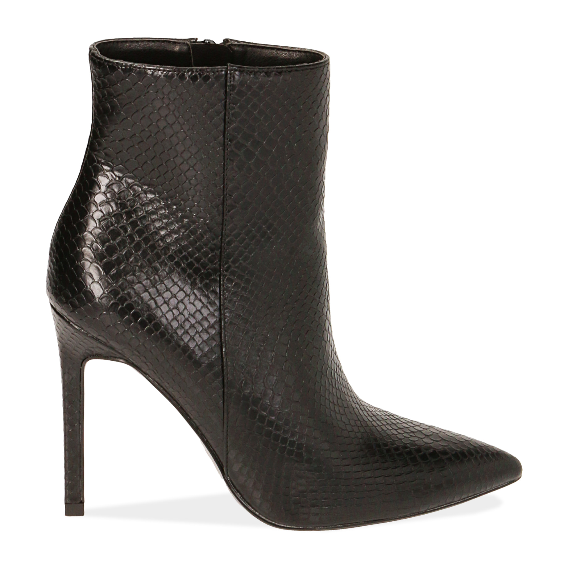 Botines negros estampado víbora, tacón 10,5 cm