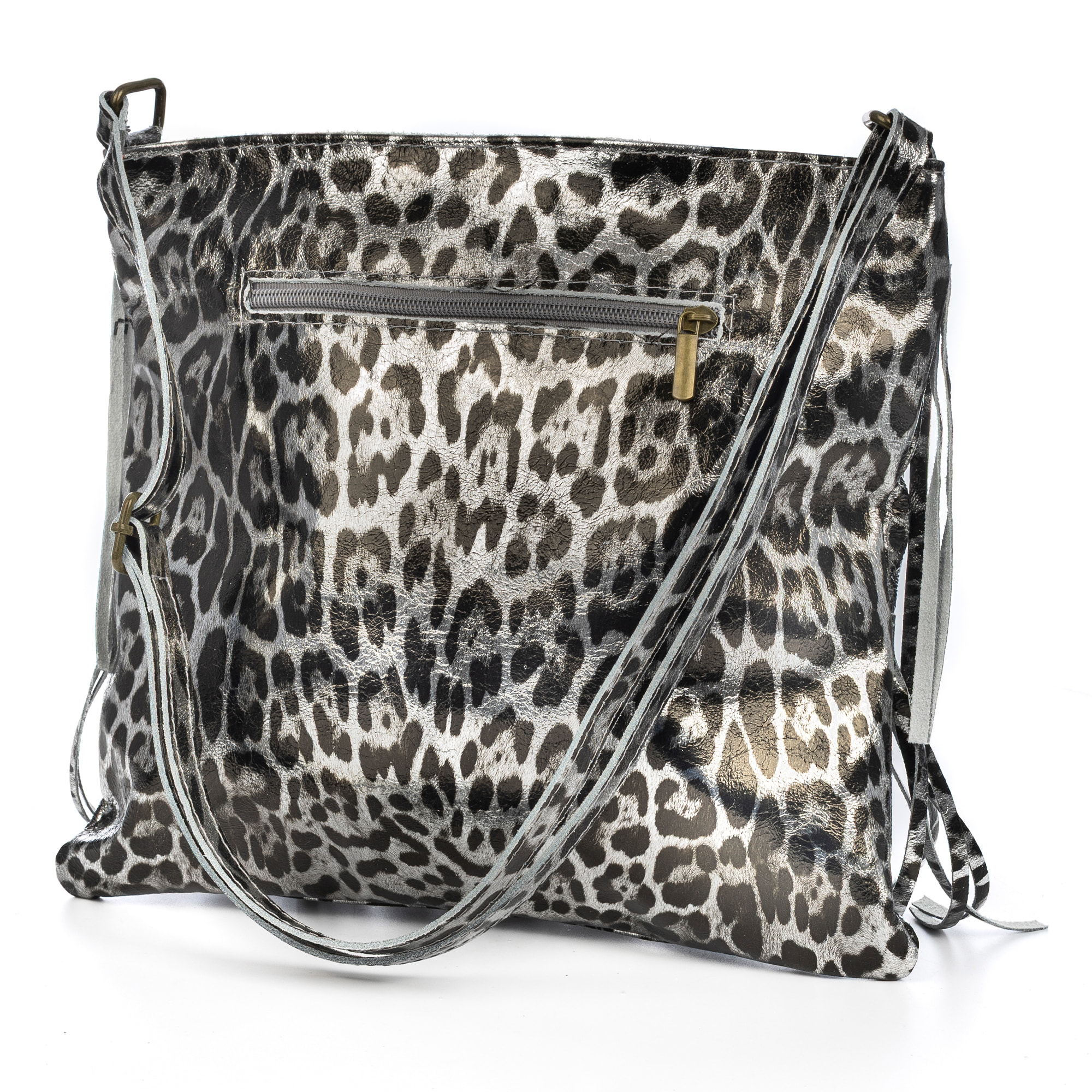 Avise bolso bandolera con flecos mujer. Piel auténtica Gamuza con estampado animal print leopardo lacada brillante.