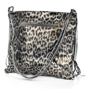 Avise bolso bandolera con flecos mujer. Piel auténtica Gamuza con estampado animal print leopardo lacada brillante.