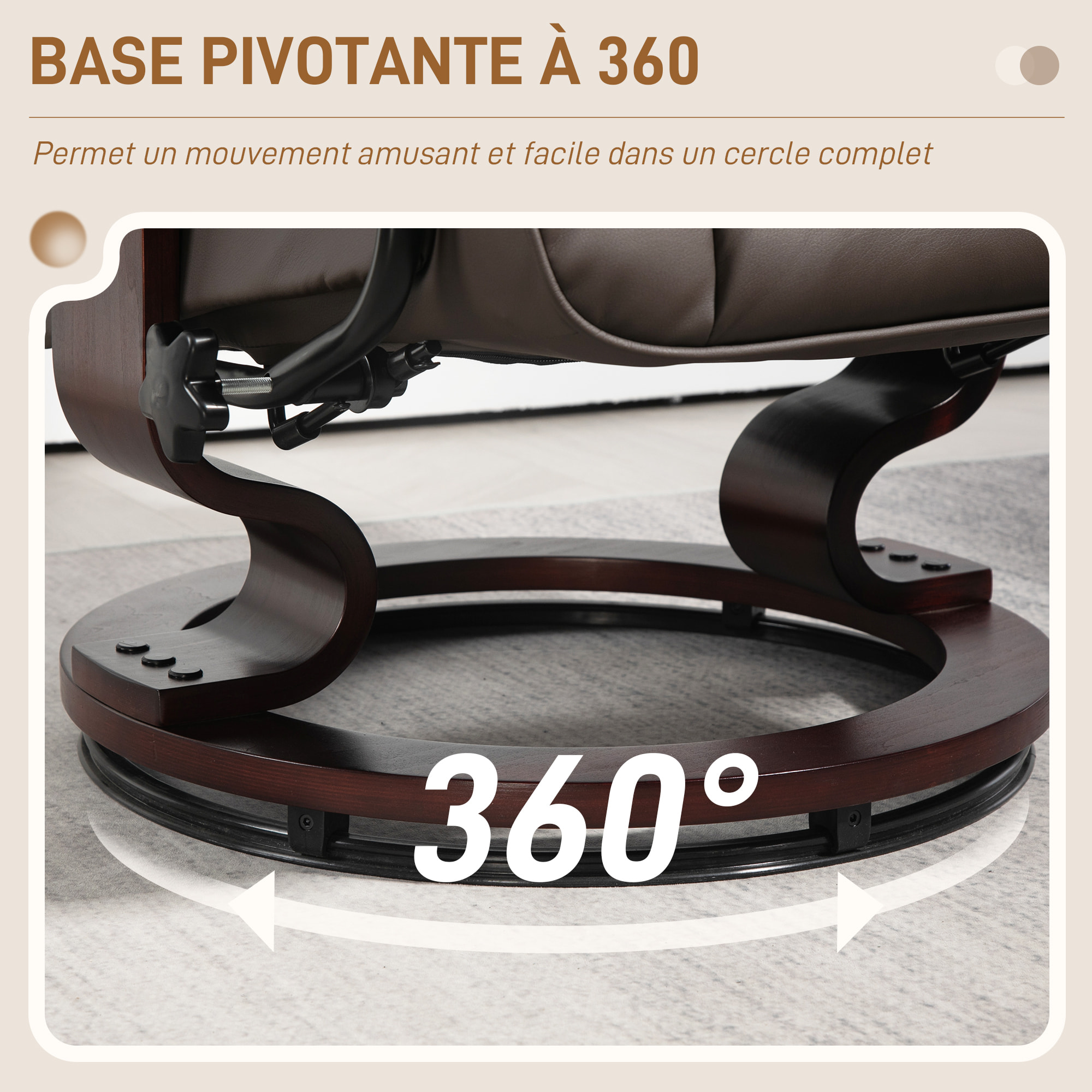 Fauteuil relax inclinable pivotant réglable avec repose-pied bois revêtement synthétique chocolat