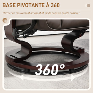 Fauteuil relax inclinable pivotant réglable avec repose-pied bois revêtement synthétique chocolat