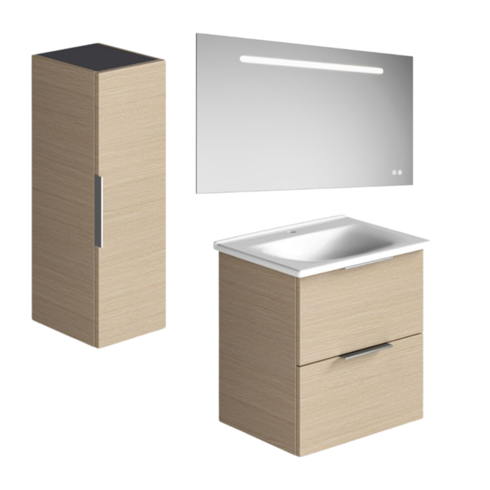 Meuble vasque 60 cm BURGBAD Olena chêne clair + miroir + colonne de salle de bain