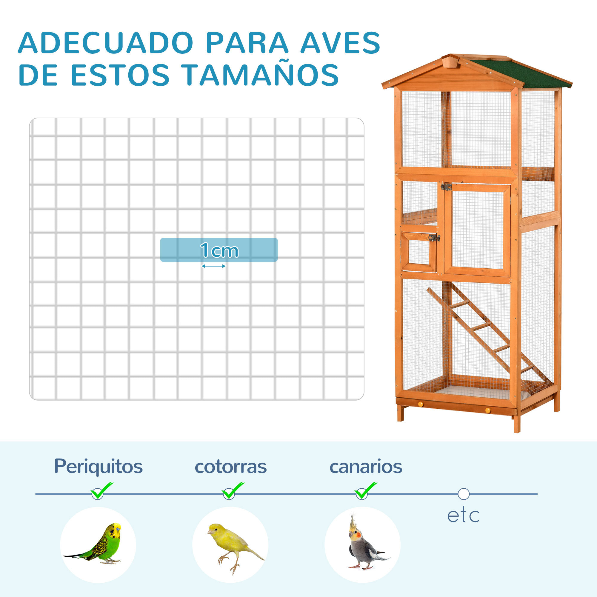 Jaula para Pájaros de Madera con Bandeja Extraíble Techo Asfáltico 68x63x165 cm