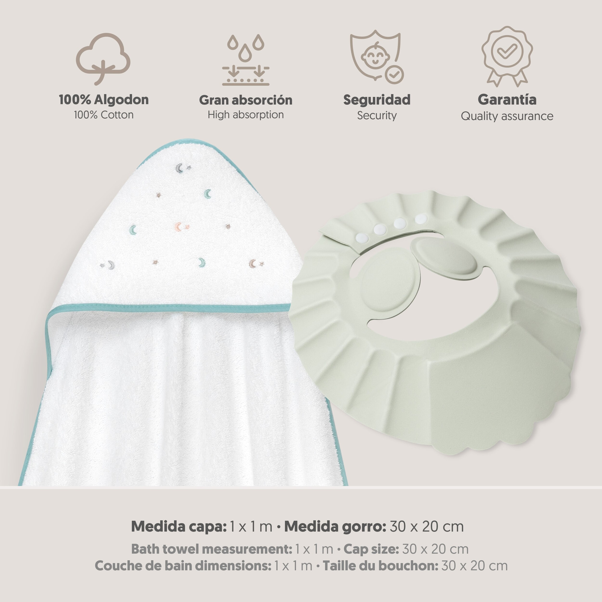 Capa Baño 1X1 Mod Estrella Luna Multicolor+Gorro Bco/Verde