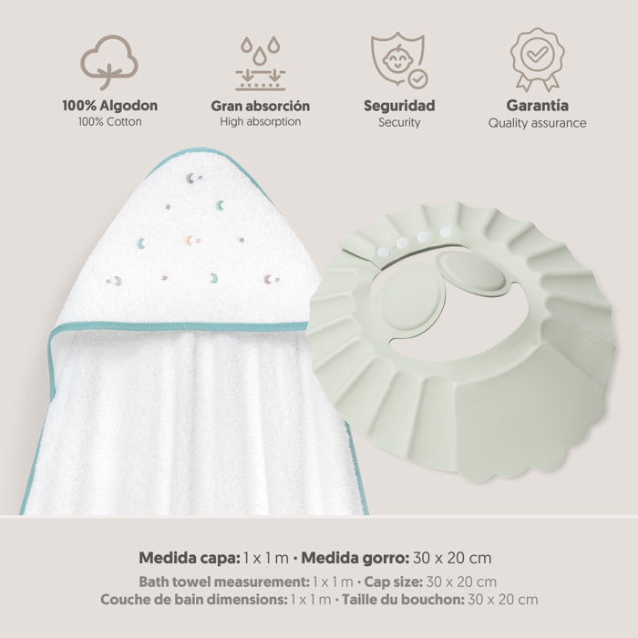Capa Baño 1X1 Mod Estrella Luna Multicolor+Gorro Bco/Verde
